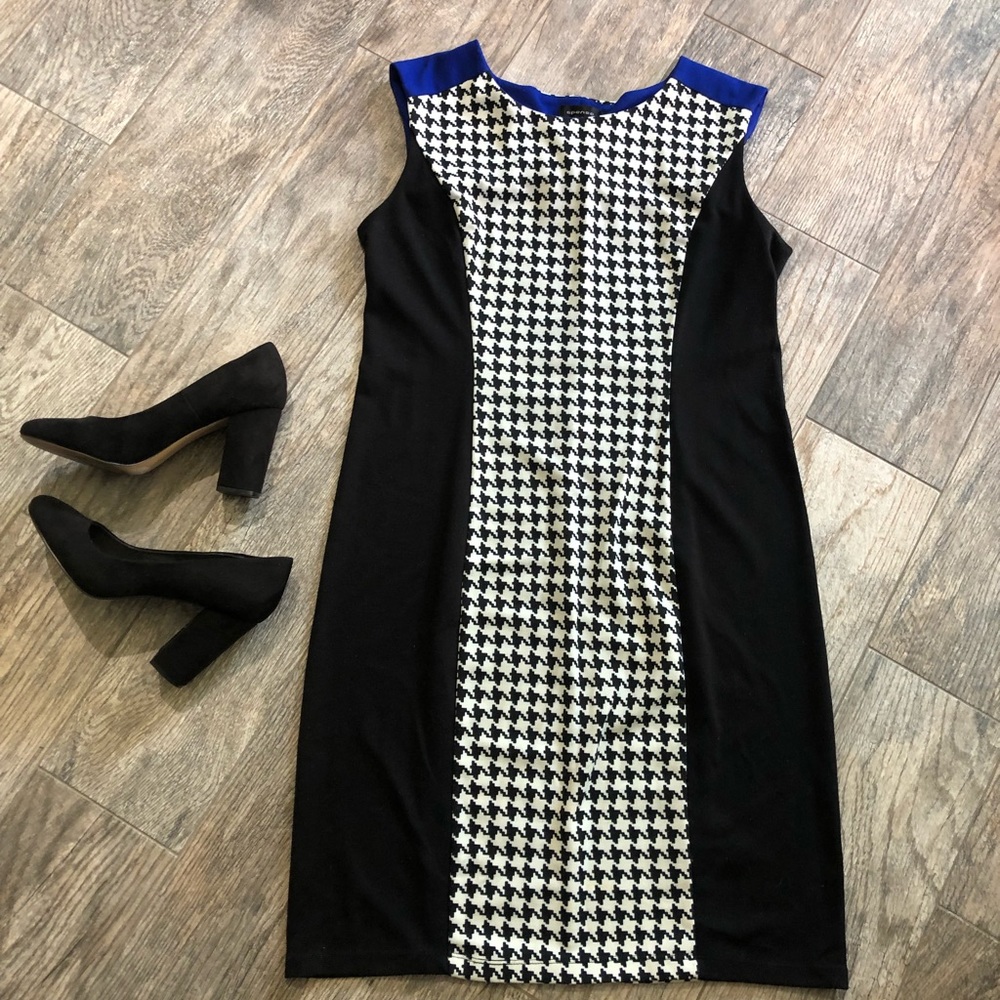 tweed print dress with blue accents